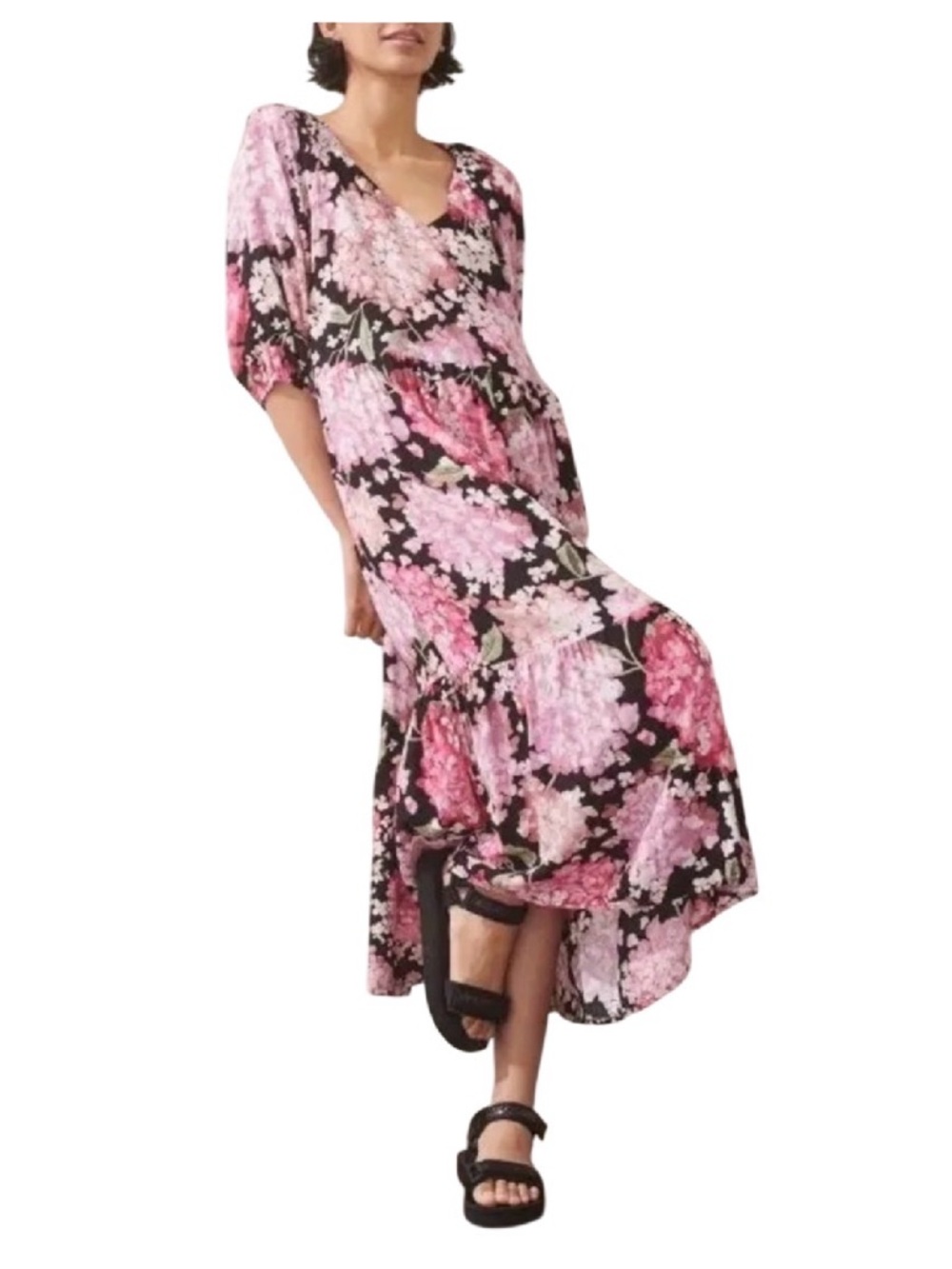 H&M hydrangea floral print V-Neck Pink Floral Vacation Maxi Dress - Medium